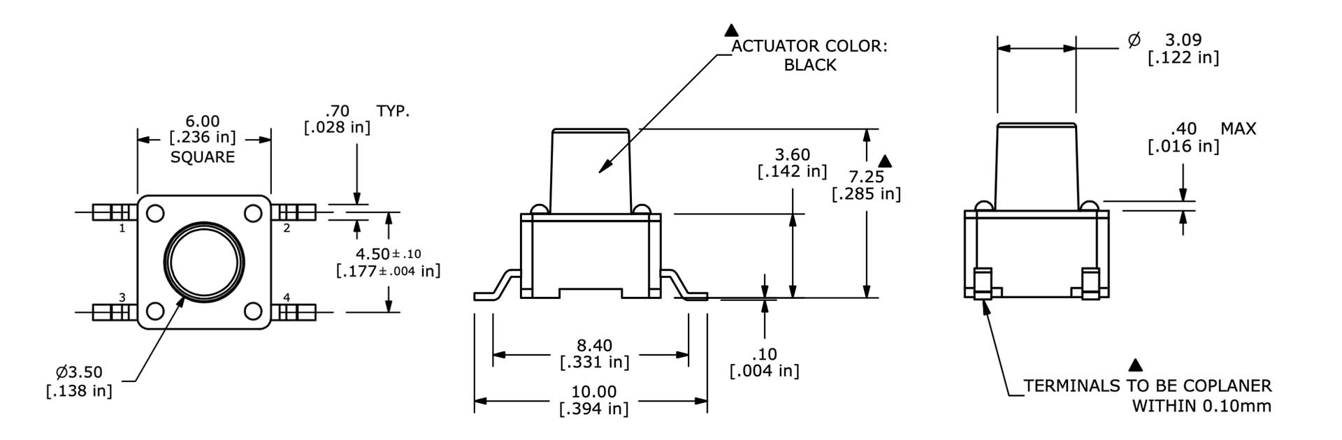 Datasheet drawing of TL3301 Tact Switch